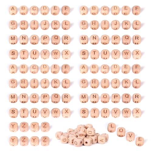 YZROHYI 104 Stück Holzbuchstaben Perlen 12 MM,Holzperlen mit Buchstabenperlen Eckig,Buchstabenwürfel Holz zum Auffädeln,Holzperlen für Schlüsselanhänger zum Basteln,Letter Beads für DIY Schmuck