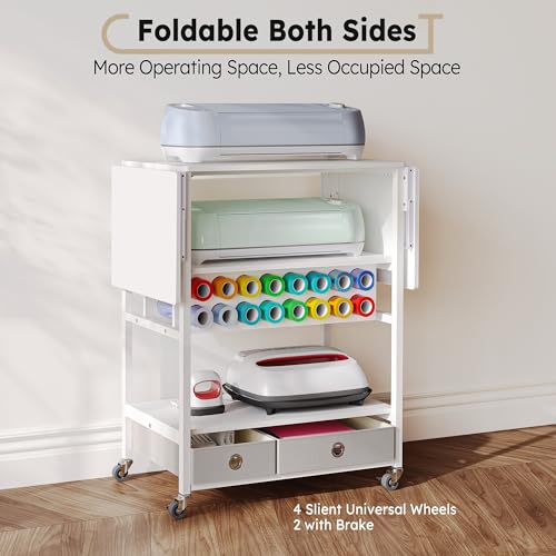 Rolling Craft Cart & Foldable Craft Table Compatible with Cricut Machine, Crafit Mobile Storage Organizer with Vinyl Roll Holder for Craft Room Home Office