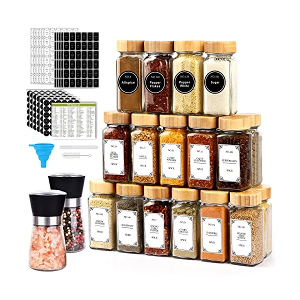 Spice Jars with Labels,24 Pcs 4oz Glass Spice Jars with Bamboo Lid and 648 Waterproof Printed Labels,2 Salt and Pepper Grinder Set,Empty Spice Containers Bottles for Pantry,Cabinet,Drawer (24 Pack)