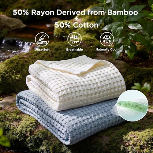 Image of Bedsure Cooling Cotton Waffle Full Size Blanket - Lightweight Breathable Blanket of Rayon Derived from Bamboo for Hot Sleepers, Luxury Throws for Bed, Couch and Sofa, Dusty Blue, 80x90 Inches
