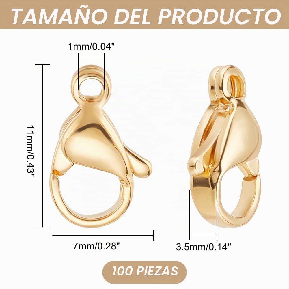 PH PandaHall 100 cierres de mosquetón de acero inoxidable 304, chapados en oro de 24 quilates, cierres de cierre de pulsera de 11 x 7 mm, conector de gancho de mosquetón para pendientes, pulseras