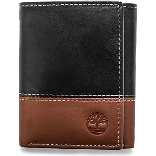 Timberland Men’s Leather Trifold Wallet with Id Window, Black/Brown (Hunter), One Size