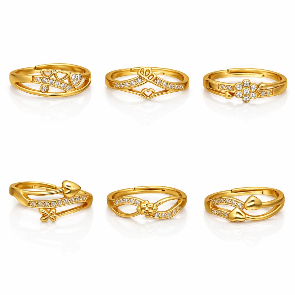 brado jewellery combo of 6 Gold Plated ad american diamond Adjustable free size Rings Combo for Women & Girls | Stylish Fancy Ring Set | Heart & Stone Design | for Daily use-picture-18