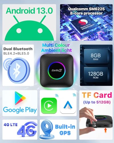 Image of CALMORA Ai Box LED, Android 13, Qualcomm 6225, 8GB+128GB, Wireless CarPlay Android Auto 3-in-1 Dongle Comes with Google Play Store, Streaming Video, Only for the Vehicle with Wired CarPlay Device