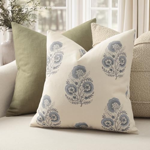 Image of YCOLL Vintage Floral Print Pillow Covers 18x18 Set of 2 Patterned Accent Decorative Cushion Covers Modern Farmhouse Throw Pillow Covers for Sofa Couch Chair Bed Living Room Home Decor, Dusty Blue