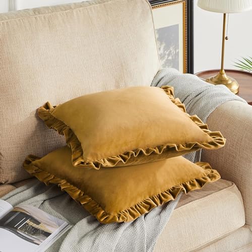 Image of Velvet Brown 16x16 Pillow Covers, Set of 2 Decorative Ruffle Cushoin Pillow Covers for Sofa Couch