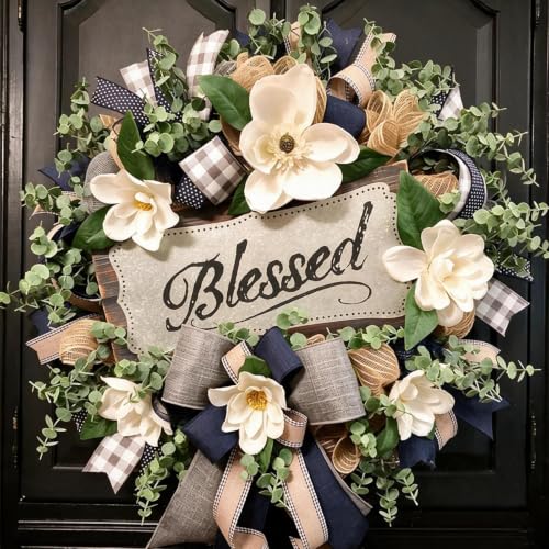 Spring Summer Wreath for Front Door,Farmhouse White Floral Porch Decor