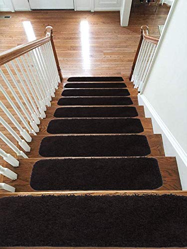 Soft Shaggy Carpet Stair Treads NON-SLIP MACHINE WASHABLE Mats/Rugs, 22x67cm, 30mm Thickness (Brown, 13)