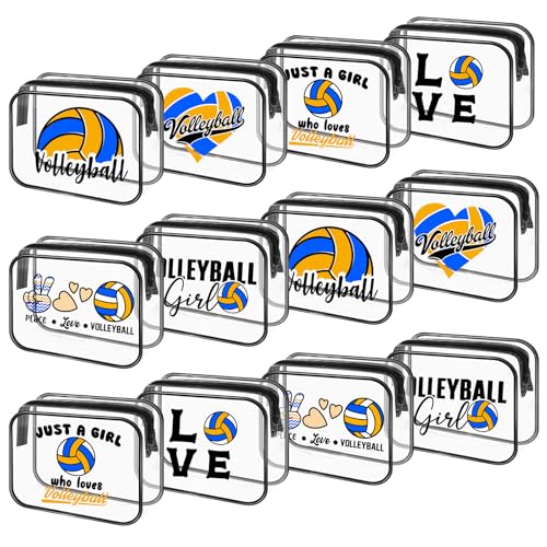 12 bolsas de maquiagem de vôlei a granel para presentes de equipe de vôlei, bolsa de cosméticos, bolsa de PVC transparente com zíper, capa com zíper transparente para mulheres, material de festa