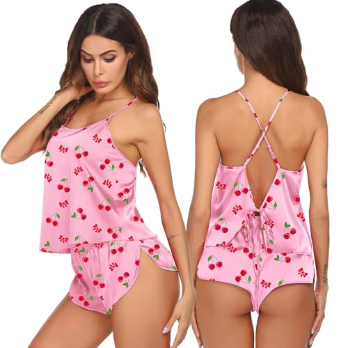 Image of Ekouaer Silk Pajamas Set for Women Satin Backless Lingerie Pjs Cami Top and Shorts Nightwear