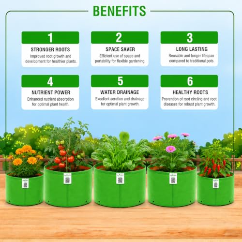 Image of Anandi Green's Premium HDPE Uv Protected 220 GSM Round Shaped Green Colour Plants Grow Bags Suitable for Terrace and Vegetable Gardening (Pack of 10, 9X6 INCH)