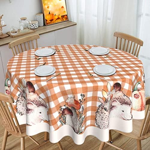 GPMAOYI Fall Tablecloth Round 60 Inch - Orange Buffalo Plaid Table Cloth Cute Pumpkin Squirrel Thanksgiving Tablecloths Waterproof Table Cover Fall Decorations for Home