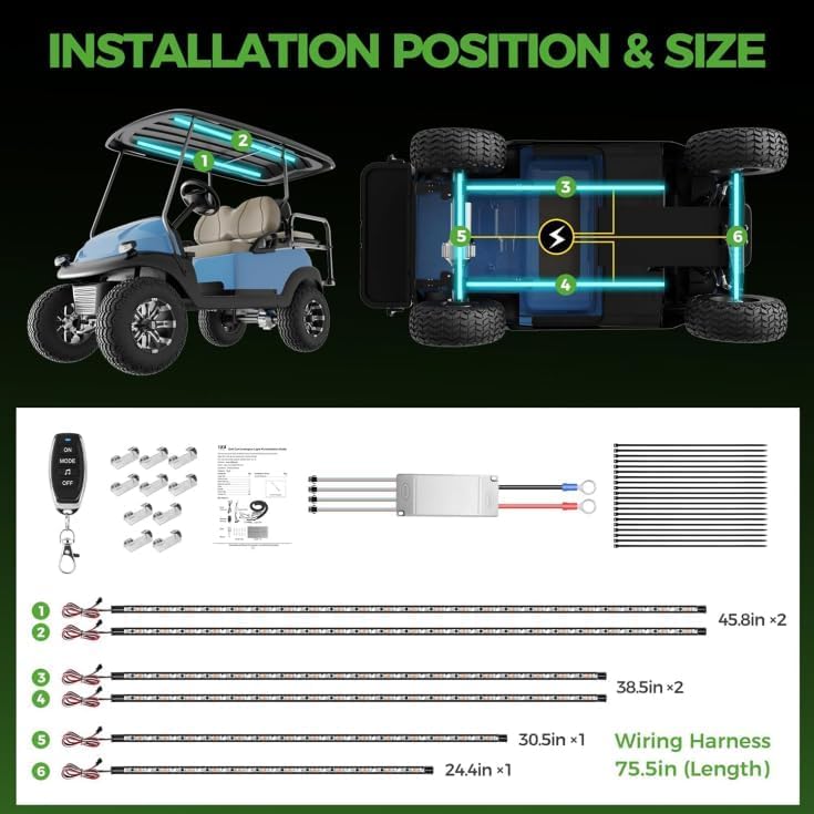 Image of 10L0L Golf Cart Underglow Light Kit with Canopy Lights, IP67 Waterproof, 24 Dream Color Modes Wireless Remote Music Sync, 12V-80V Wide Voltage Fit for Yamaha EZGO Club Car