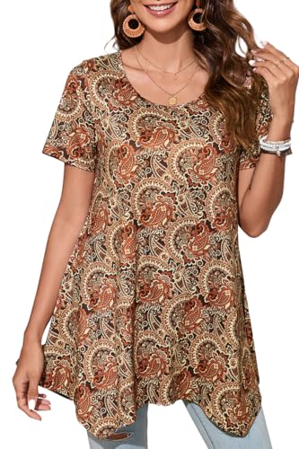 Enmain Blusa de Manga Corta para Mujer marrón de Verano Blusa Plisada con Vuelo Blusas largas con Cuello Redondo para Vacaciones, marrón, 3XL