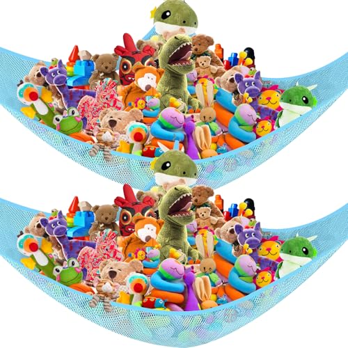 VERONLY Stuffed Animal Toy Storage Net Hammock Corner, Large Kids Toy Holder Hanging Organiser Net for Teddy Bear, Doll, Kids Bedroom, Playroom, Nursery Room, Set of 2(Blue)