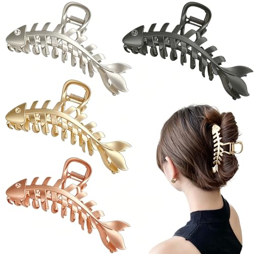 KuuGuu 4 PCS Fish Bone Shape Hair Claw Clips Large Metal Non-Slip Hair Clip Stylish Elegant Hair Accessories for Thick & Thin Hair HairStyling Women's and Girls（Gold, Silver, Black, Rose Gold)