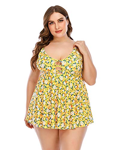 ESPRLIA Plus Size Floral Prinit Halter Swimwear One Piece Pin up Tankini Swimwear Yellow