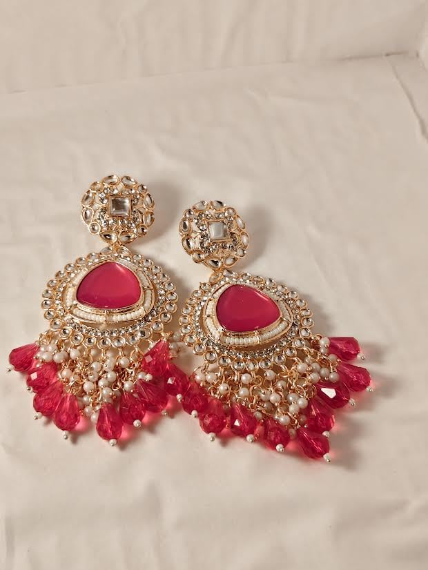 Image of Royal Kundan Pearl Chandbali Earrings Traditional Indian Jewellery with Wine multi Stones and Pearl Beads for womens
