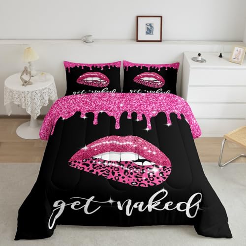 Image of Feelyou Get Naked Bedding Set Full Size, Pink Leopard Sexy Lips Comforter Set for Kids Boys Girls Teens Glitter Lips Comforter Get Naked Duvet Set Bed Set 3Pcs Reversible