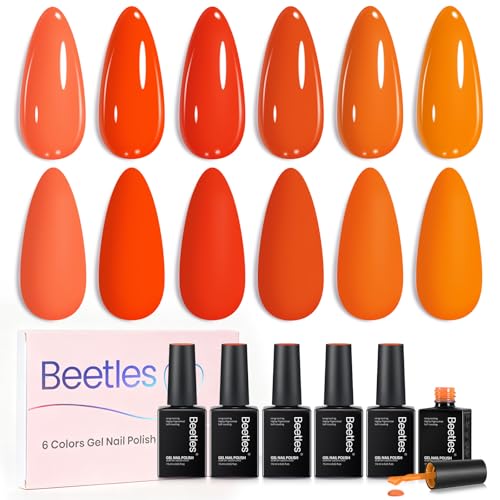 beetles Orange Gel Polish Set - Scarlet Sunset Colleciton, Red Coral Orange Bright Summer Gel Polish Kit UV LED Soak Off for DIY Nail Art Manicure Gifts for Women