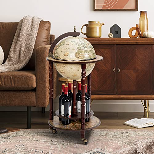 Goplus Globe Bar, 17.5” Globe Bar Liquor Cabinet with Wheels, Bottom Shelf, Old World Map, 16th Century Italian Replica Bar Globe, Retro Wine Stand, Globe Bar Cart for Dining Room Living Room Home