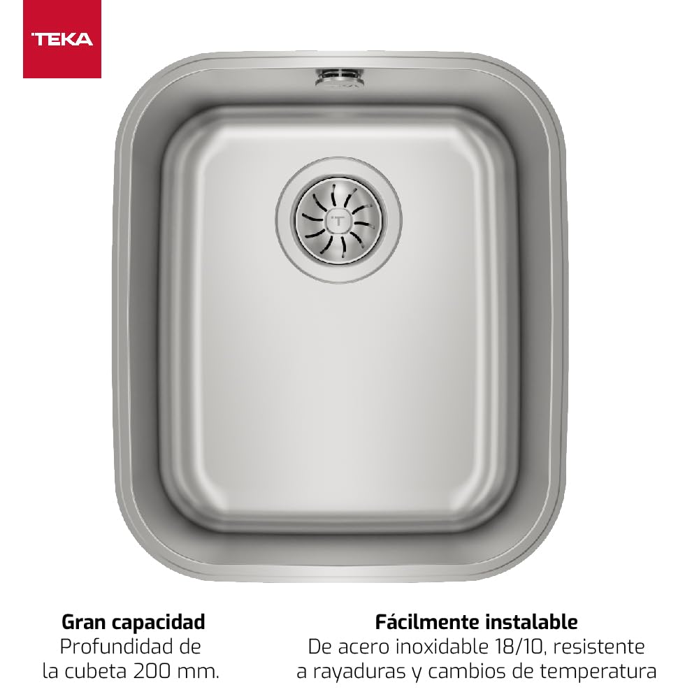 TEKA BE 34.40 - Fregadero Bajo Encimera, 1 Cubeta, para Mueble de 45cm, Cubeta de Acero Inoxidable, Fácil Instalación, Diseño Moderno, Color Acero Inoxidable