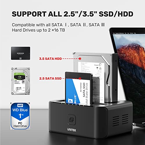 Unitek Usb 3.0 To Sata I/Ii/Iii Dual Bay External Hard Drive Docking Station For 2.5 / 3.5-Inch Hdd Ssd, Hard Drive Duplicator/Offline Clone Function, Support Uasp & 16Tb - Black #TOP1
