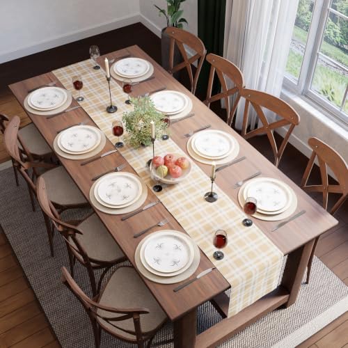 Image of Encasa XO Cotton Table Runner for 4 to 6 Seater | Size 13x72 in | Franca Beige Checks - Machine Washable & Durable