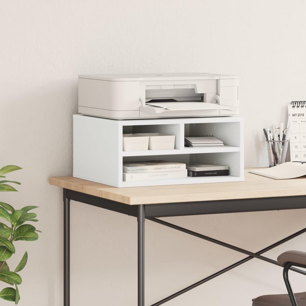 Supporto per stampante, in legno bianco, 49 x 40 x 22,5 cm, con spazio e ruote, mobile come carrello d'appoggio, organizer per ufficio, casa, studio, scaffale, cassetto