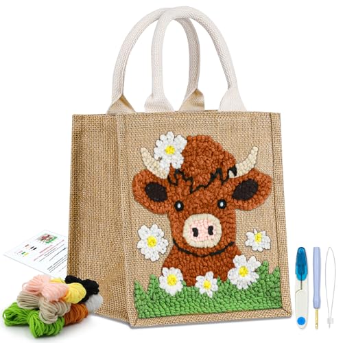 Image of PUNICA Punch Needle Kits for Beginners with Highland Cow Pattern - Burlap Tote Bag for Adults & Kids, DIY Embroidery Starter Kit | Easy Craft Gifts (9x6.5x8.5 Inch)
