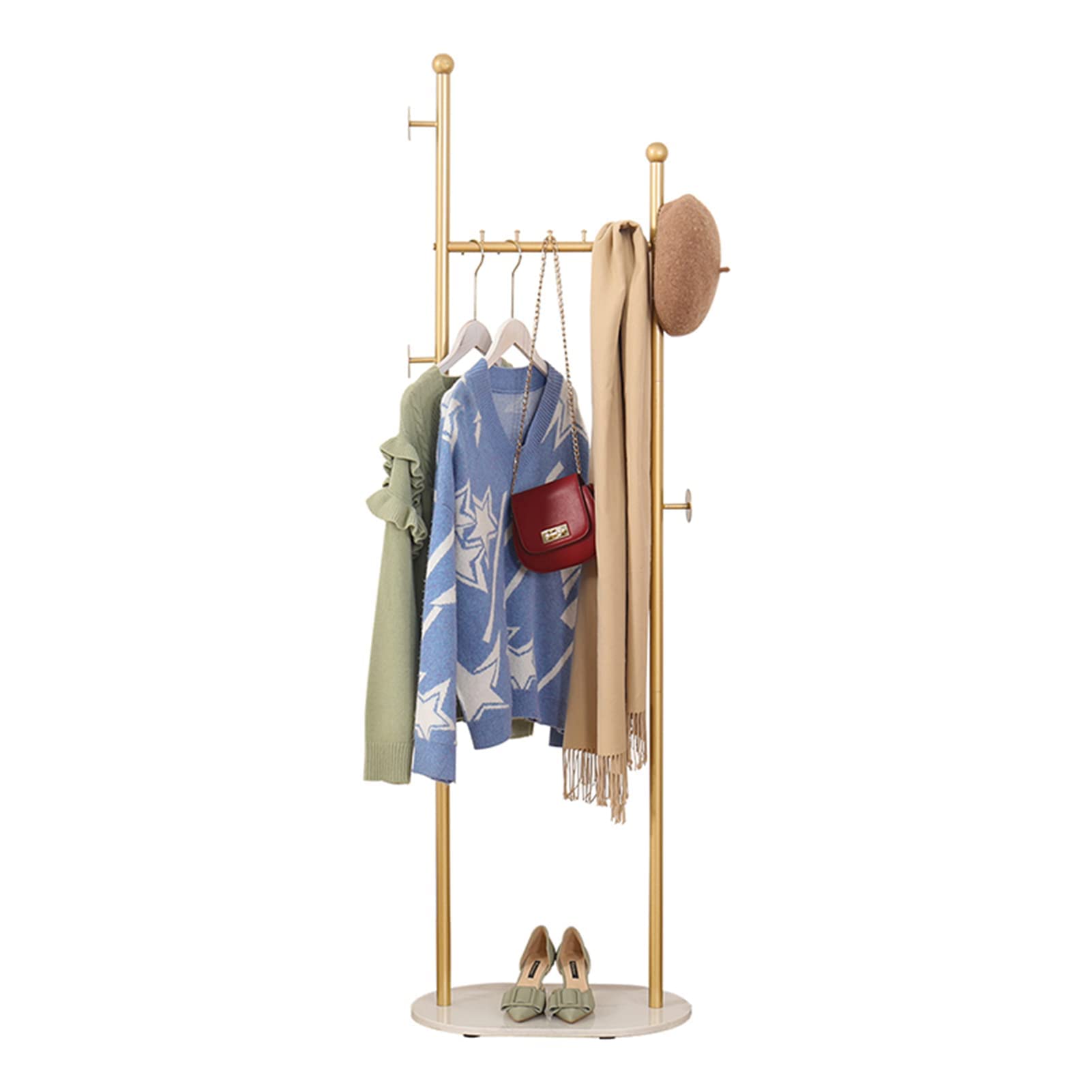 Kleiderständer Moderner freistehender Kleiderständer mit Marmorregalen und 4 seitlichen Haken Metallgarderobe und Präsentationsständer für Schlafzimmer, Wohnzimmer, Boutique, große Kapazität, Kleide