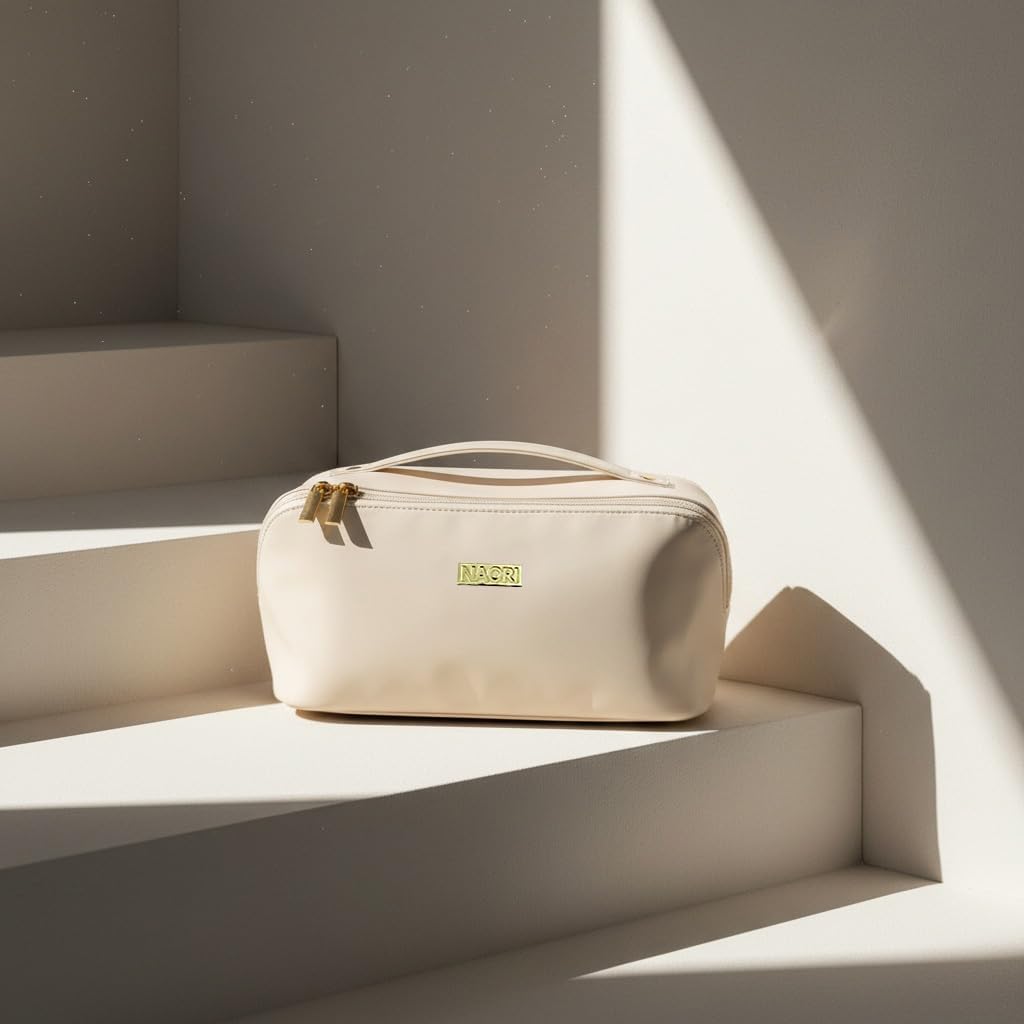 NAORI Travel Makeup Bag for Women | Large Luxury Cosmetic Organizer with Handle & Inner Pockets | Waterproof Faux Leather Toiletry Bag | Makeup Case for Home, Travel & Gifting (Creamy Beige) - Image 8