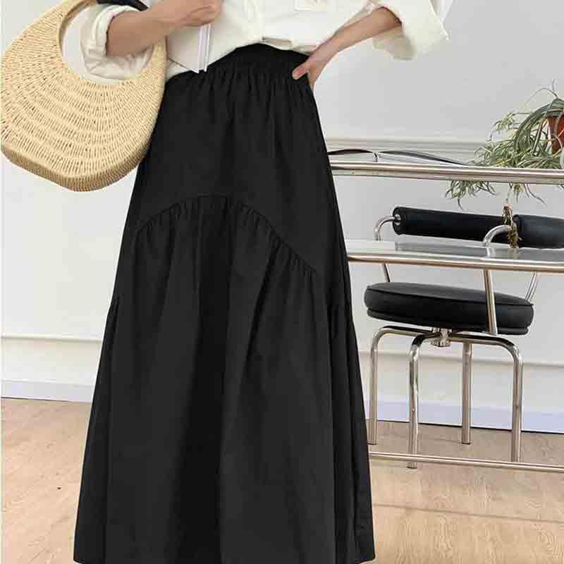 Japanese Women's Summer Solid Color Simple Half Skirt Patchwork mid Length Harajuku Large Swing Fishtail Skirt2