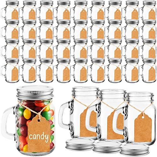 48 Pcs 1.4 oz Mini Mason Jar Cups Mugs with Silver Lids and Handles 50 Paper Tags 50 Twine Small Glass Food Spices Storage Containers DIY Favor Crafts for Birthday Weddings Party Decor