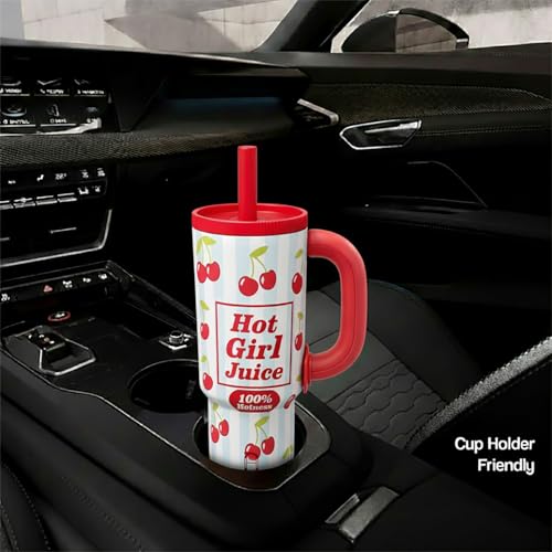 Image of House of Quirk 1200ml Stainless Steel Tumbler with Handle, Straw & Straw Cap | Leakproof Water Bottle | Large Capacity Travel Mug (Cherry Pop)