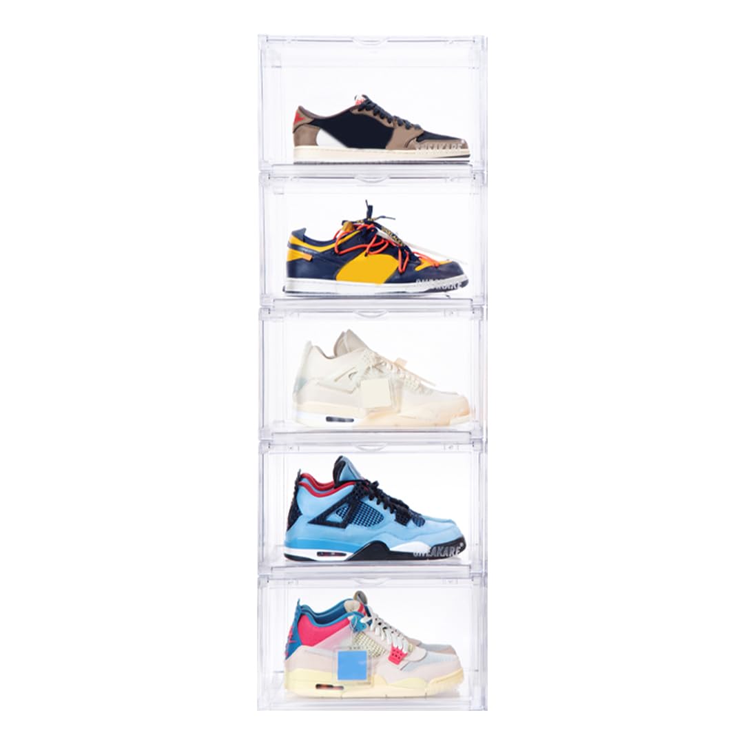 SNEAKARE Stackable Shoe Storage Box | Heavy Duty Plastic Sneaker Crate with Magnetic Door | Shoe Organizer for Men & Women | Fits Upto UK 14 | Durable Shoe Storage Box Clear Pack of-5