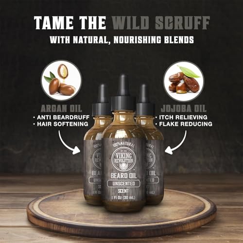 Image of Viking Revolution Beard Oil - Unscented - 1 fl oz (3 Pack) | 100% Natural Ingredients - Formulated with Argan Oil & Jojoba Oil - Softens Rough Hair & Hydrates Skin - 3 Pack Value