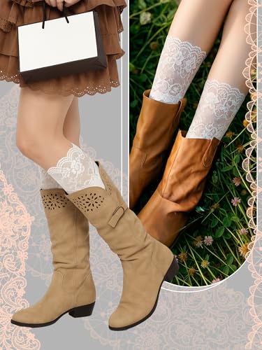 Image of Fourluoo 4 Pairs Women's Lace Socks Calf Stocking with Lace Trim Long Knee High Stockings Lolita Boot Socks