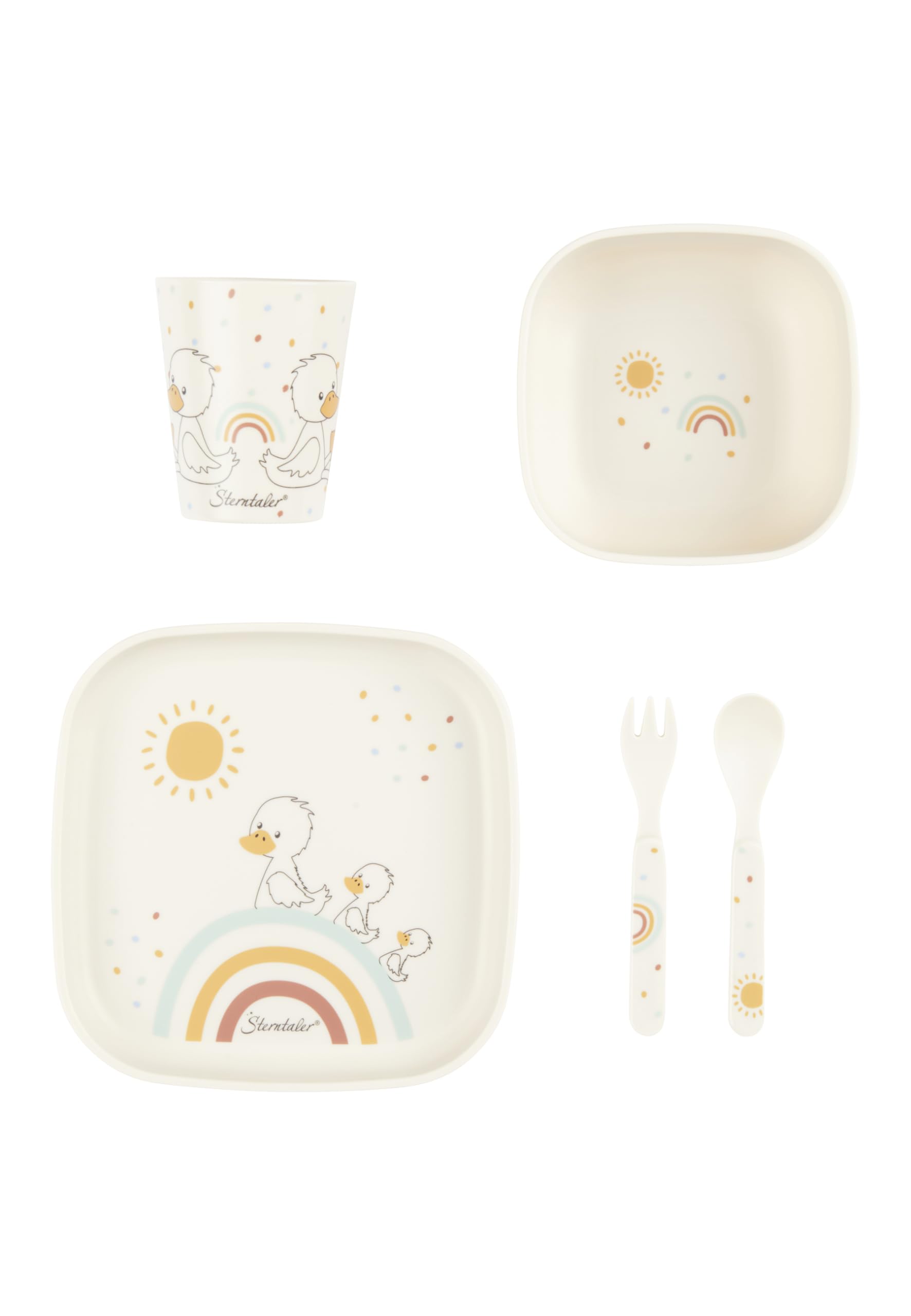 Sterntaler Geschirrset Ente Edda Lou ecru, 5er Set für Jungen und Mädchen bestehend aus Trinkbecher, eckigem Teller, eckiger Breischale und Löffel und Gabel