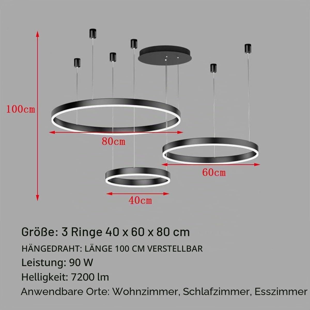LED Pendelleuchte Moderne Schwarz 3-Ring Separate Installation Kronleuchter 75W Dimmbar Deckenbeleuchtung Für Schlafzimmer Wohnzimmer Esszimmer 40×60×80CM