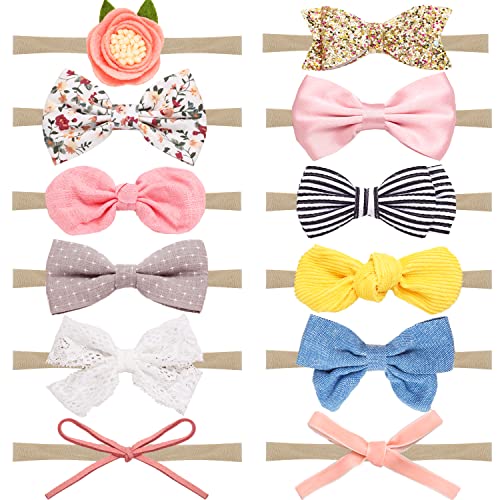 Image of Charmory 12pcs Baby Girl Bows and Headbands for Toddler Toddler Nylon Hairbands, Baby Headband with Bows Toddler Headband Hair Accessories (Bows)