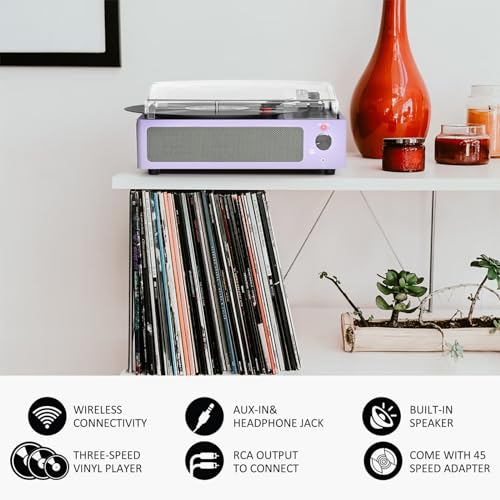 Image of Turntable Vinyl Record Players New Sleek Turn Tables with Speakers Belt-Driven All-in-one LP Phonograph 3-Speed Bluetooth Wireless Playback Headphone AUX RCA Auto Stop Pale Light Purple