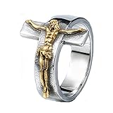JAJAFOOK Men's Vintage Stainless Steel Jesus Cross Band Crucifix Ring,Silver Gold