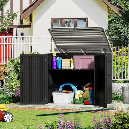 Image of ZZM Large Outdoor Storage Shed, 48 Cu Ft Resin Versatile Storage Cabinet for Patio Accessories, Trash Cans & Garden Tools, Durable Horizontal Storage Box with Lockable Lid (Black)