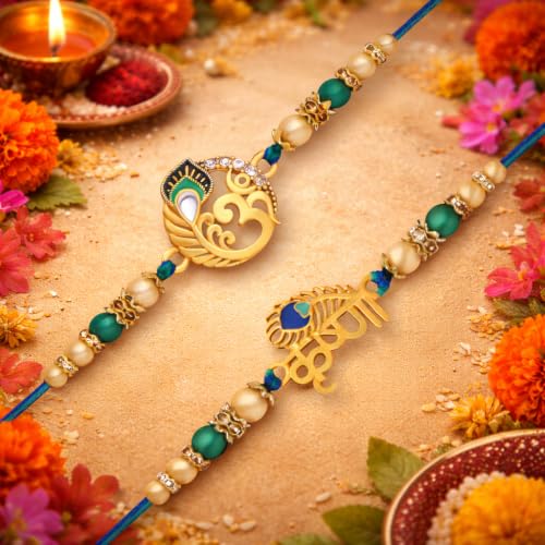 Image of Riddhika Ventures Glorious Gold Plated Auspicious Diamond Ring Rakhi (Set of 2) with Roli Chawal and Greeting Card