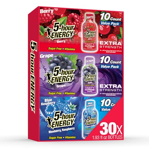 Image of 5-hour ENERGY VARIETY PACK Berry, Grape & Blue Raspberry Flavors, 30 Count, 1.93 Fl Oz Energy Shot, Extra Strength, Amino Acids, B Vitamins, Sugar Free and Zero Calories