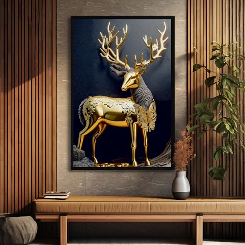 Image of The Castle Decor Golden Deer Wall Painting | Lucky Charm Abstract Deer Art for Living Room & Bedroom | Multicolor Sparkle Laminated Wall Art with Frame - 20x30 Inches