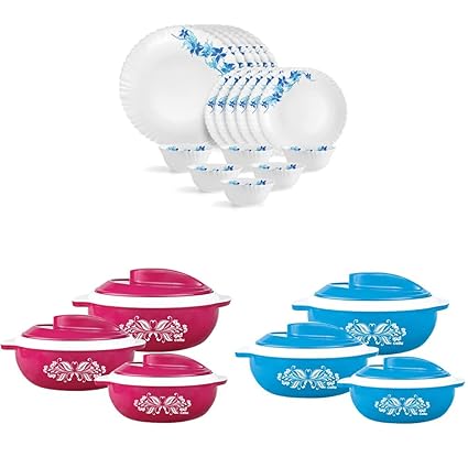 Cello Opalware Dazzle Swirl Dinner Set, 18Pcs, White&Cello Hot Serve Plastic Casserole Set, (Pink, 500ml, 850ml, 1500ml) - 3-Pieces&Cello Hot Serve Plastic Casserole Set- 3pcs