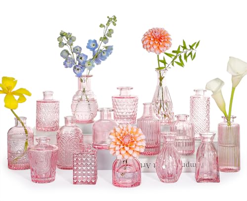 SUPMIND Glass Bud Vase Set of 16, Small Pink Flower