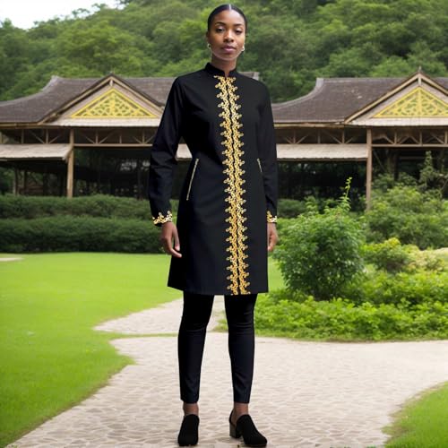 Women`s Suit Gold Embroidery Blazer and Pants Set Dashiki Jacket Traditional African Clothes with Chain2